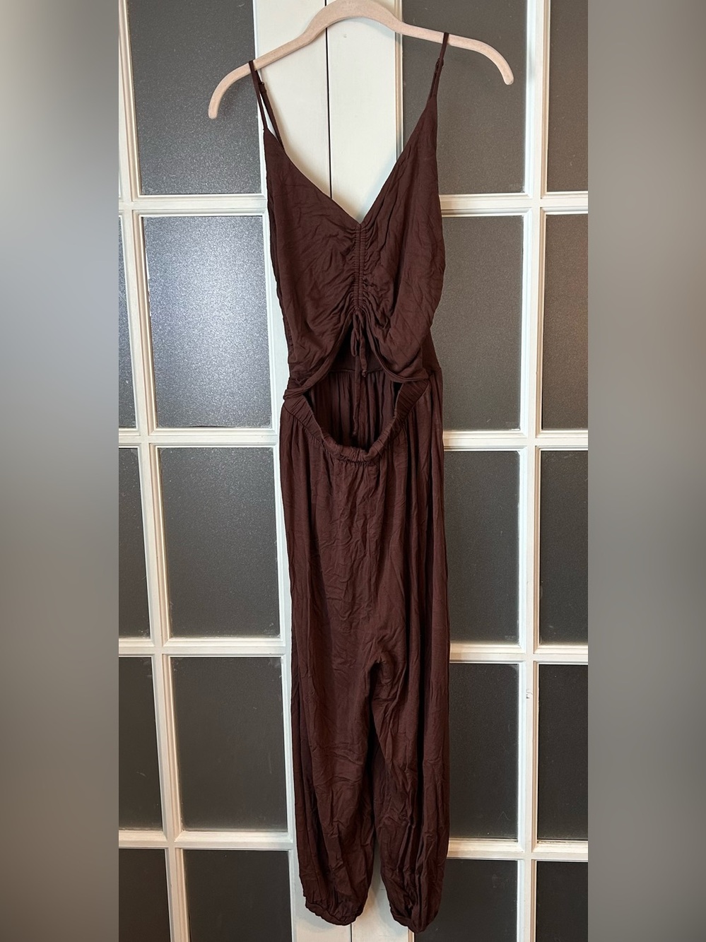 Brown Ruched Cutout Jumpsuit with Spaghetti Straps
